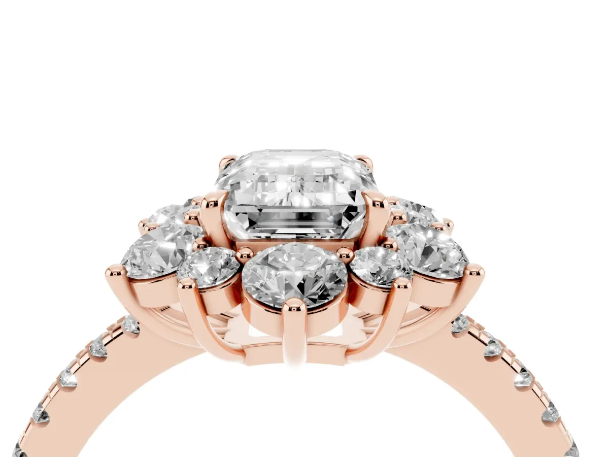 Emerald Cut Diamond Floral Halo Ring with Round Pavé Band and Prong Setting Rose gold