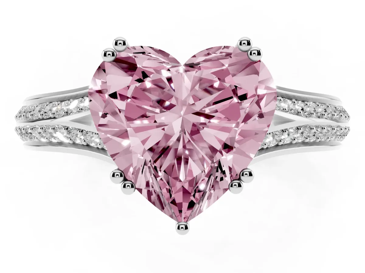 Fancy Pink Heart Cut Diamond Split Shank Engagement Ring with Pavé Band Platinum