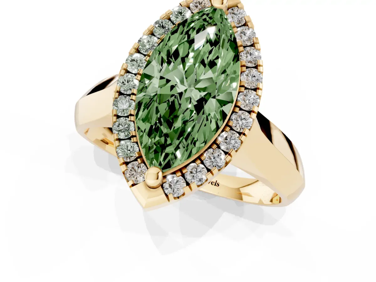 Fancy Green Marquise Cut Cut Halo Solitaire Engagement Ring with Square Band and Four-Prong Setting Yellow gold