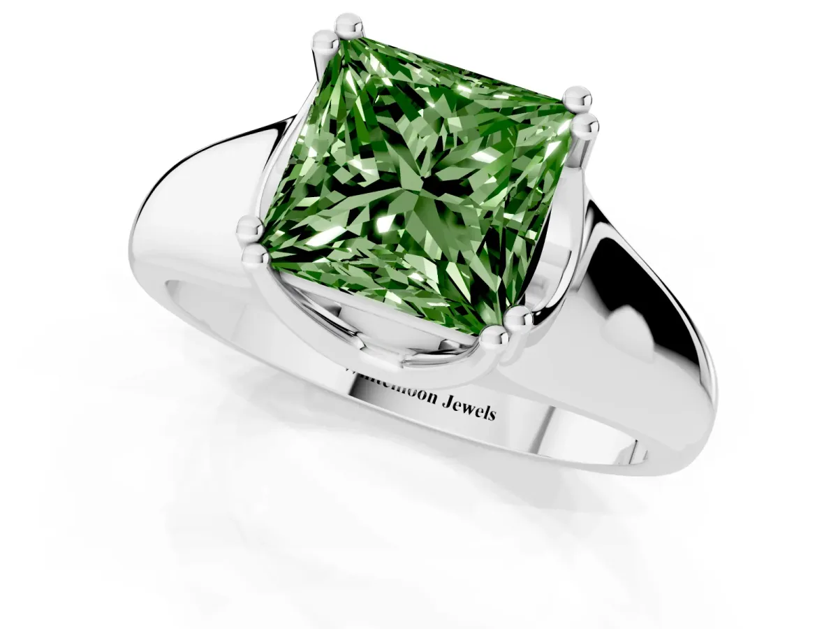 Fancy Green Princess Cut Diamond Solitaire Ring with Wide Band and Prong Setting White gold