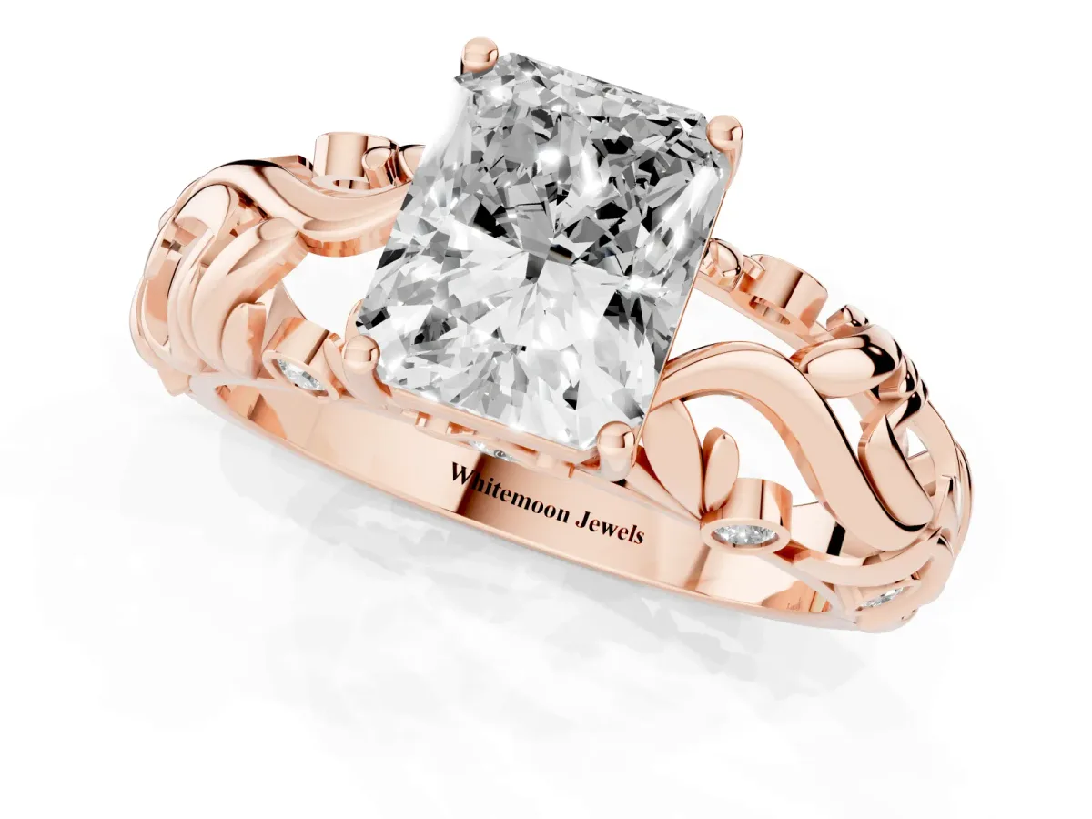 Radiant Cut Solitaire Diamond Leaf-Inspired Vine Band Ring with Prong Setting Rose gold