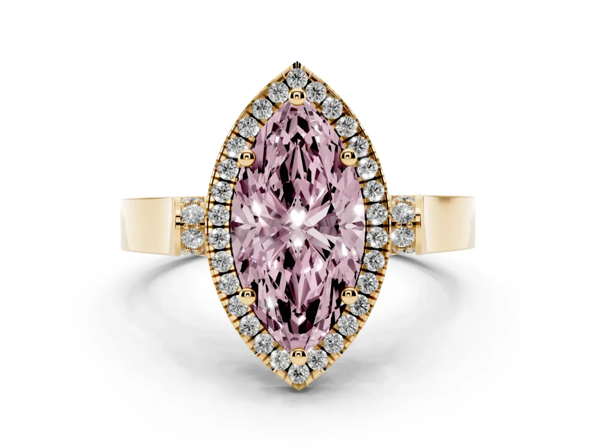 Fancy Pink Marquise Cut Halo Round Diamond Twist Band with Four-Prong Setting Yellow gold