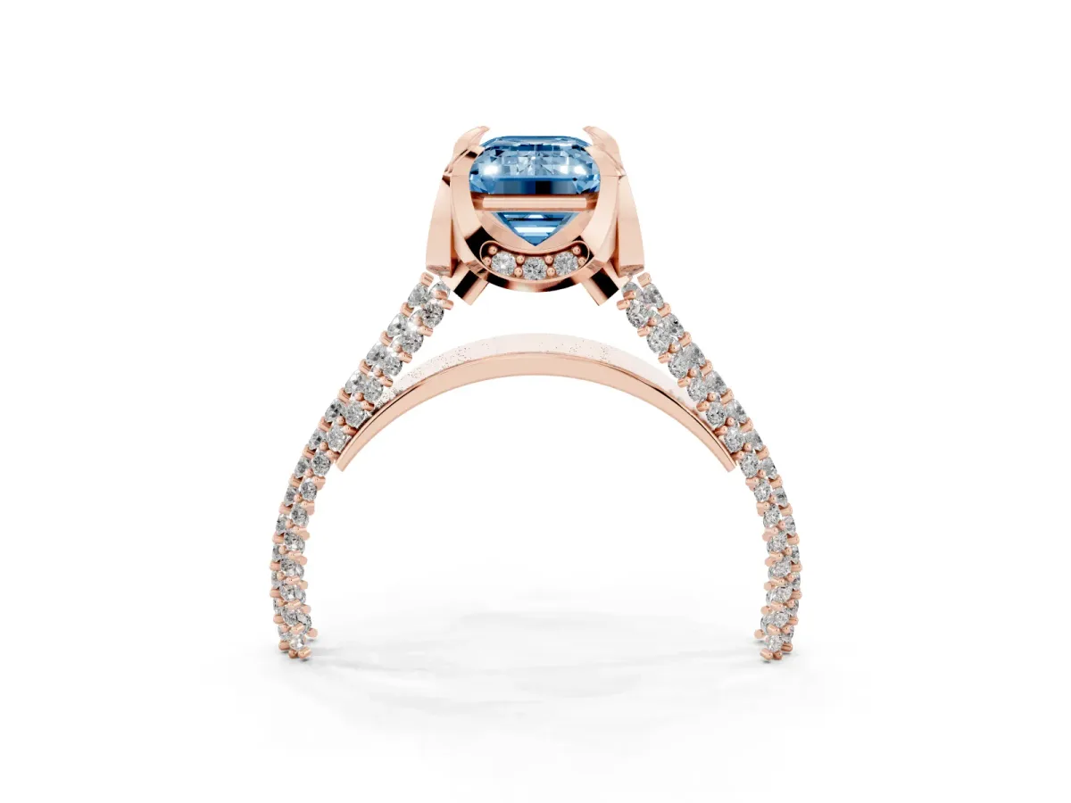 Fancy Blue Emerald Cut Solitaire Pave Split Shank Ring with Four-Prong Setting Rose gold