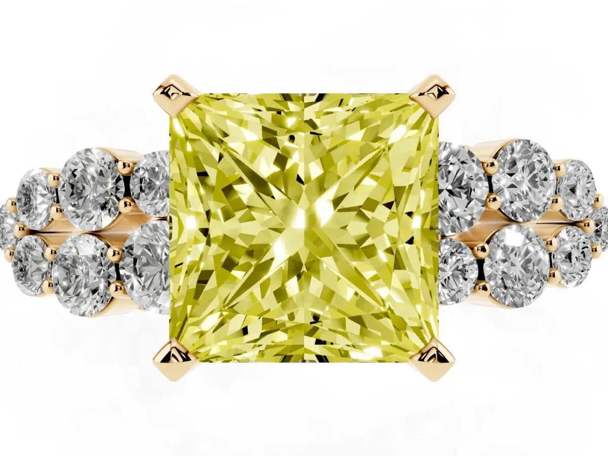 Fancy Yellow Princess Cut Cluster Diamond Engagement Ring with Pavé Band and Four-Prong Setting Yellow gold