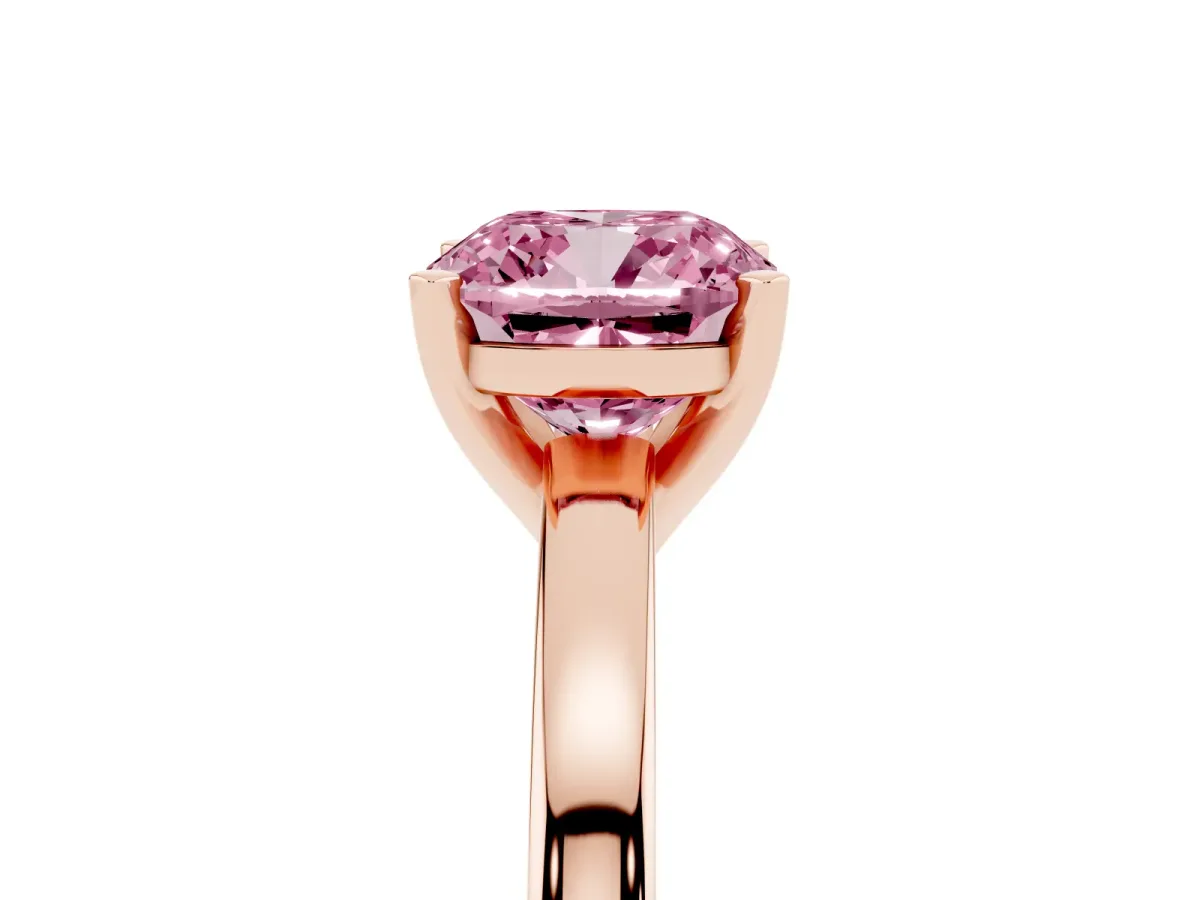 Fancy Pink Cushion Cut Solitaire Diamond Engagement Ring with Four-Prong Setting on a Classic Band Rose gold