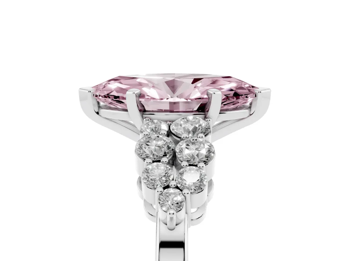 Fancy Pink Marquise Cut Cluster Diamond Engagement Ring with Pavé Band and Four-Prong Setting Silver