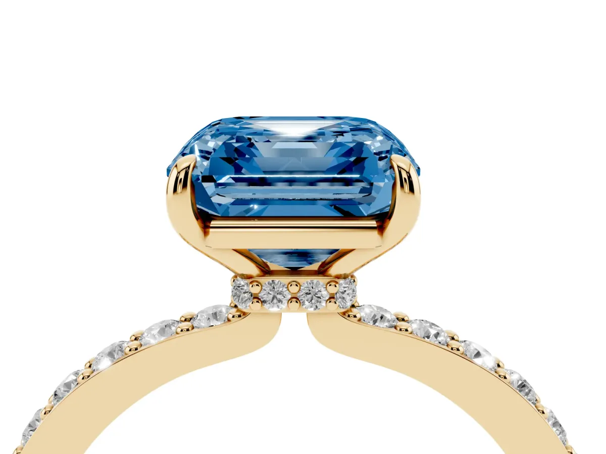 Fancy Blue Asscher Cut Diamond Pavé Engagement Ring with Round Accents and Prong Setting Yellow gold