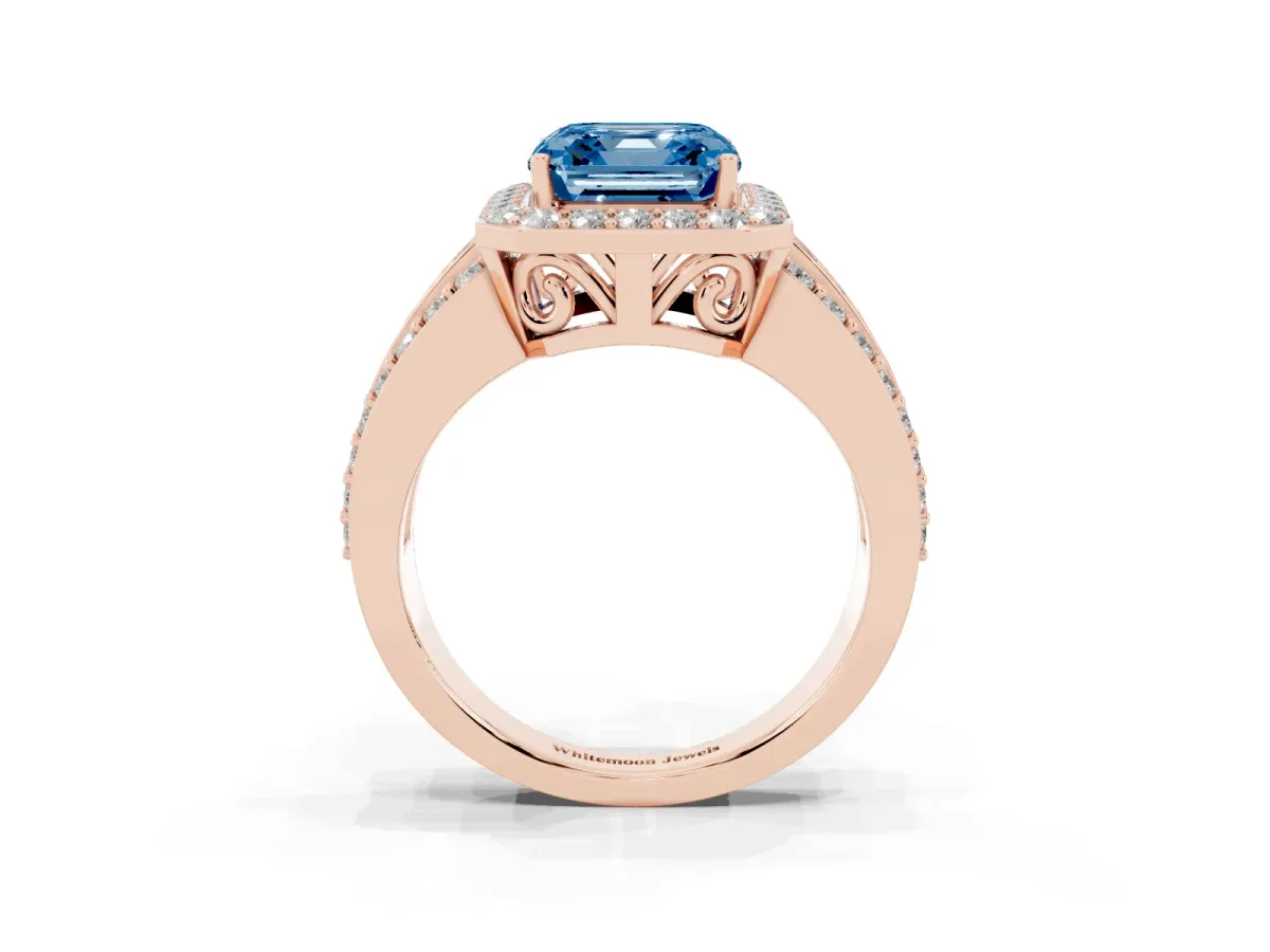 Fancy Blue Asscher Cut Halo Diamond Ring with Round Split Shank and Prong Setting Rose gold