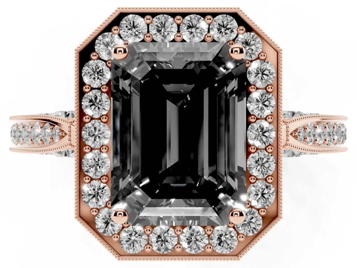 Fancy Black Emerald Cut Halo Diamond Engagement Ring with Split Shank Band and Four-Prong Setting Rose gold
