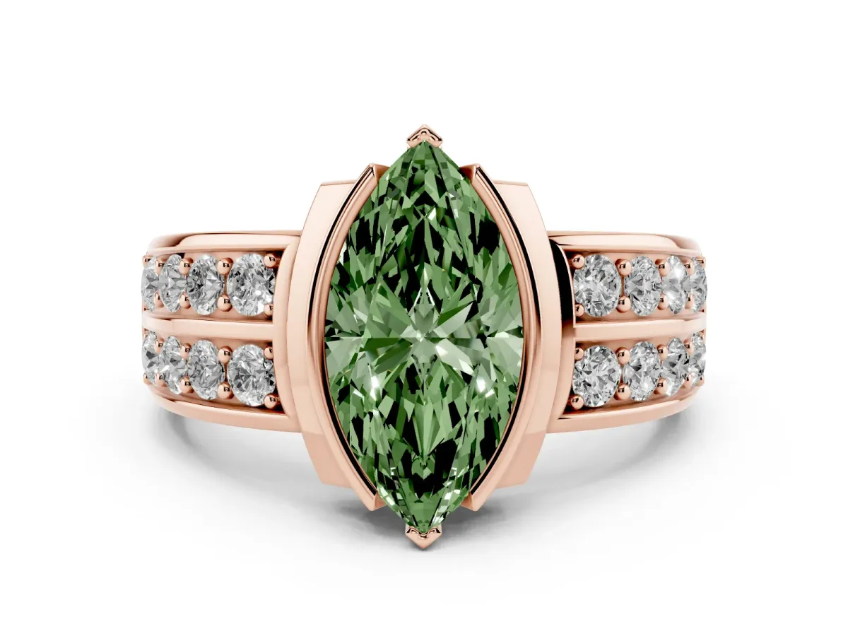 Fancy Green Marquise Cut Brilliant Diamond Channel Set Wide Band Ring with Bezel Setting Rose gold