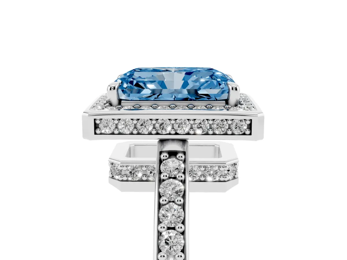 Fancy Blue Radiant Cut Halo Pave Band Solitaire Ring with Prong Setting Silver