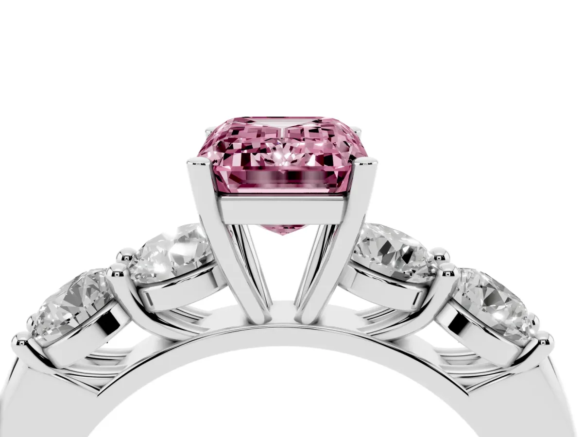 Fancy Pink Emerald Cut Cut Five-Stone Prong Set Diamond Ring with Classic Band Silver