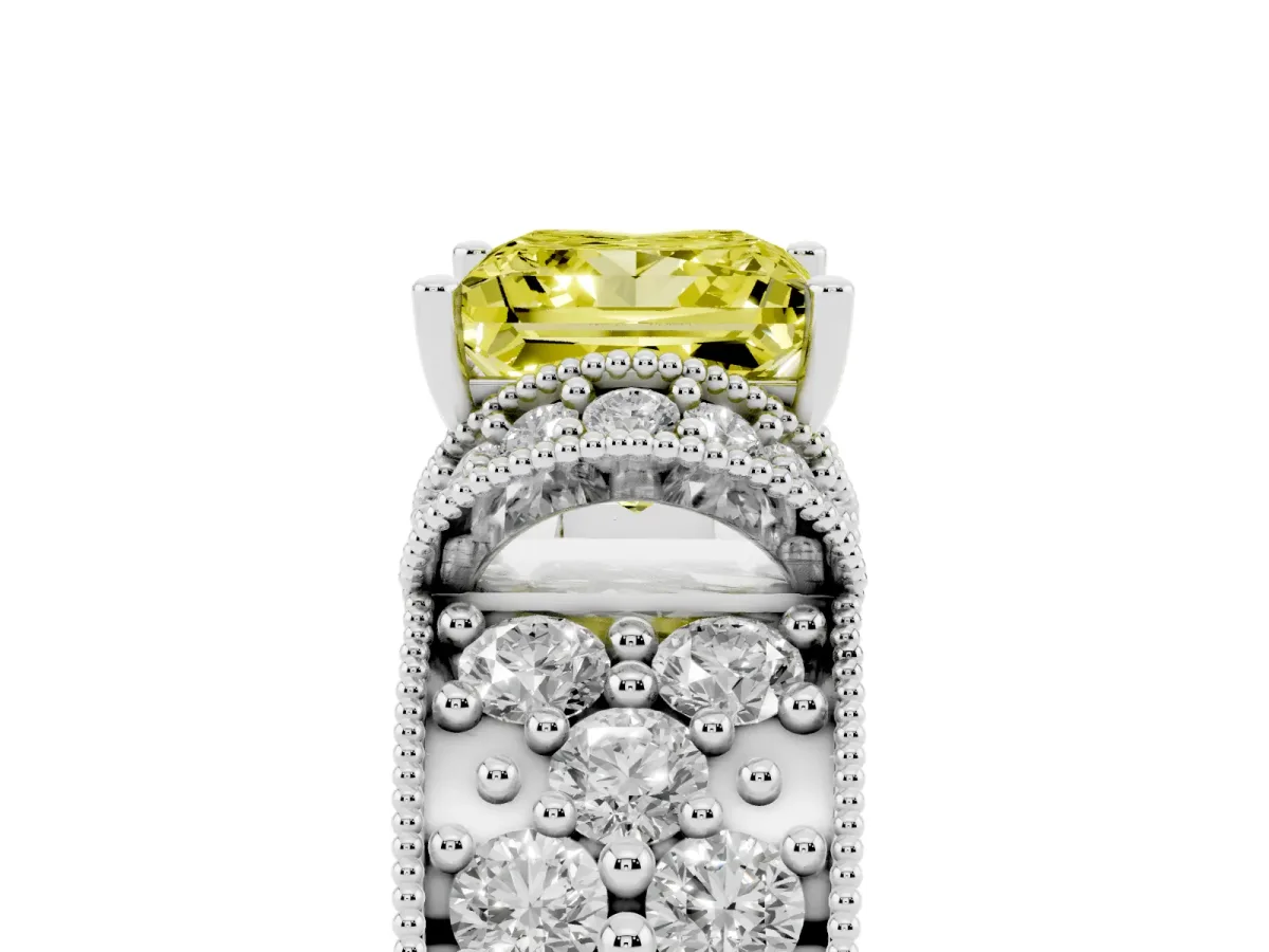 Fancy Yellow Princess Cut Halo Pave Diamond Engagement Ring with Milgrain Detailing White gold