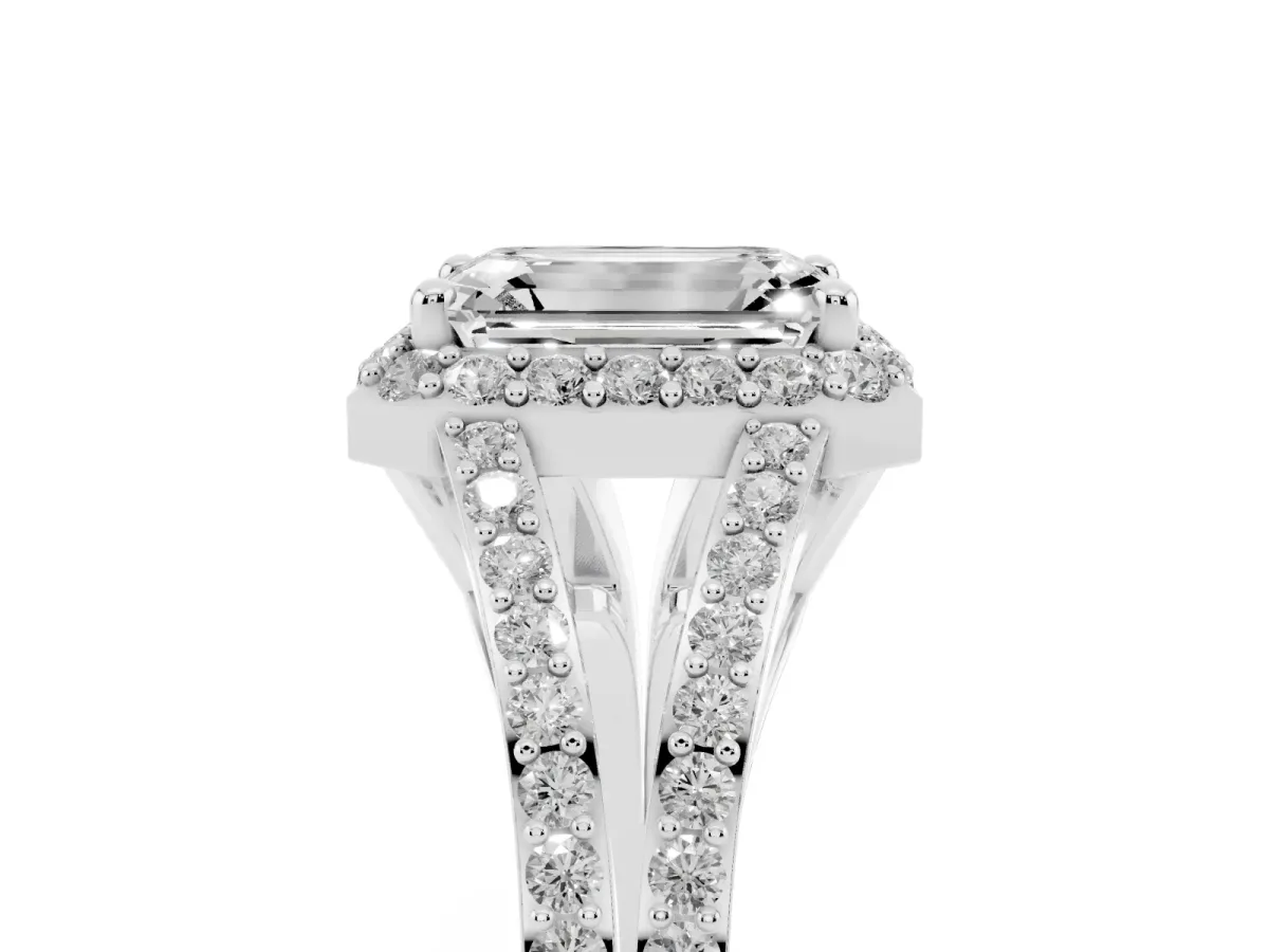 Emerald Cut Halo Split Shank Diamond Ring with Prong Setting Platinum