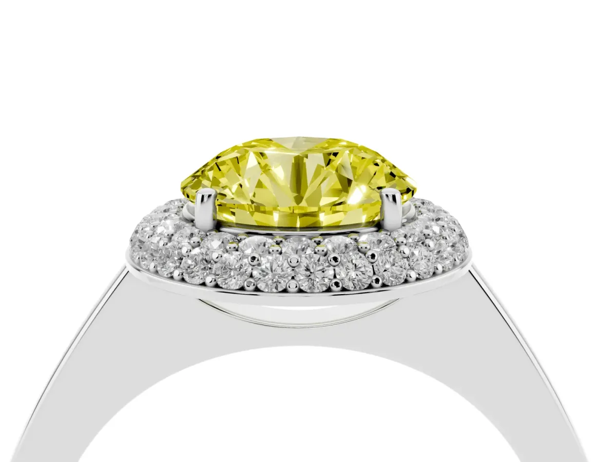 Fancy Yellow Round Cut Halo Diamond Engagement Ring with Solitaire Band and Four-Prong Setting Platinum