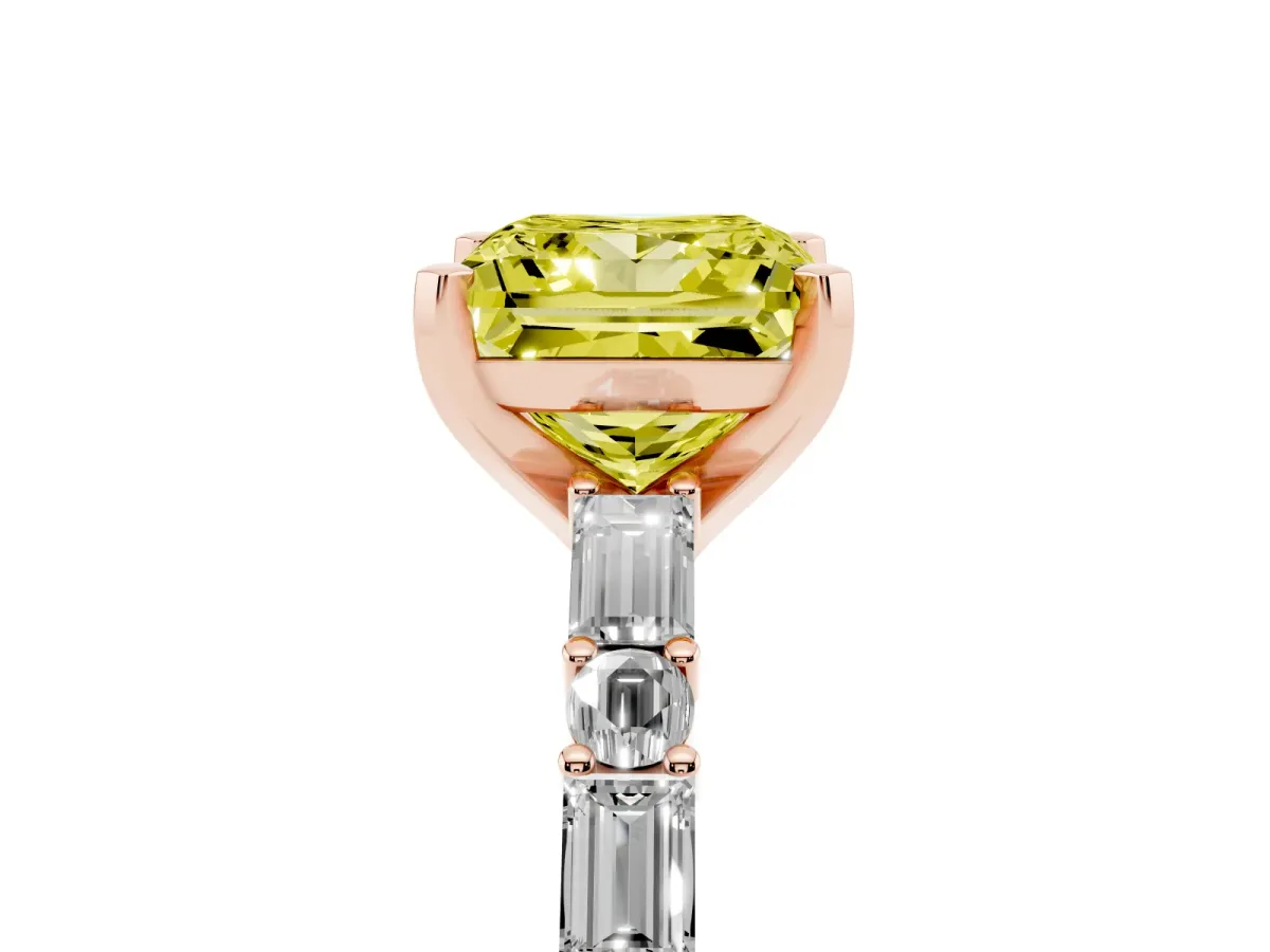 Fancy Yellow Princess Cut Diamond Solitaire with Side Baguettes and Channel Set Band Rose gold