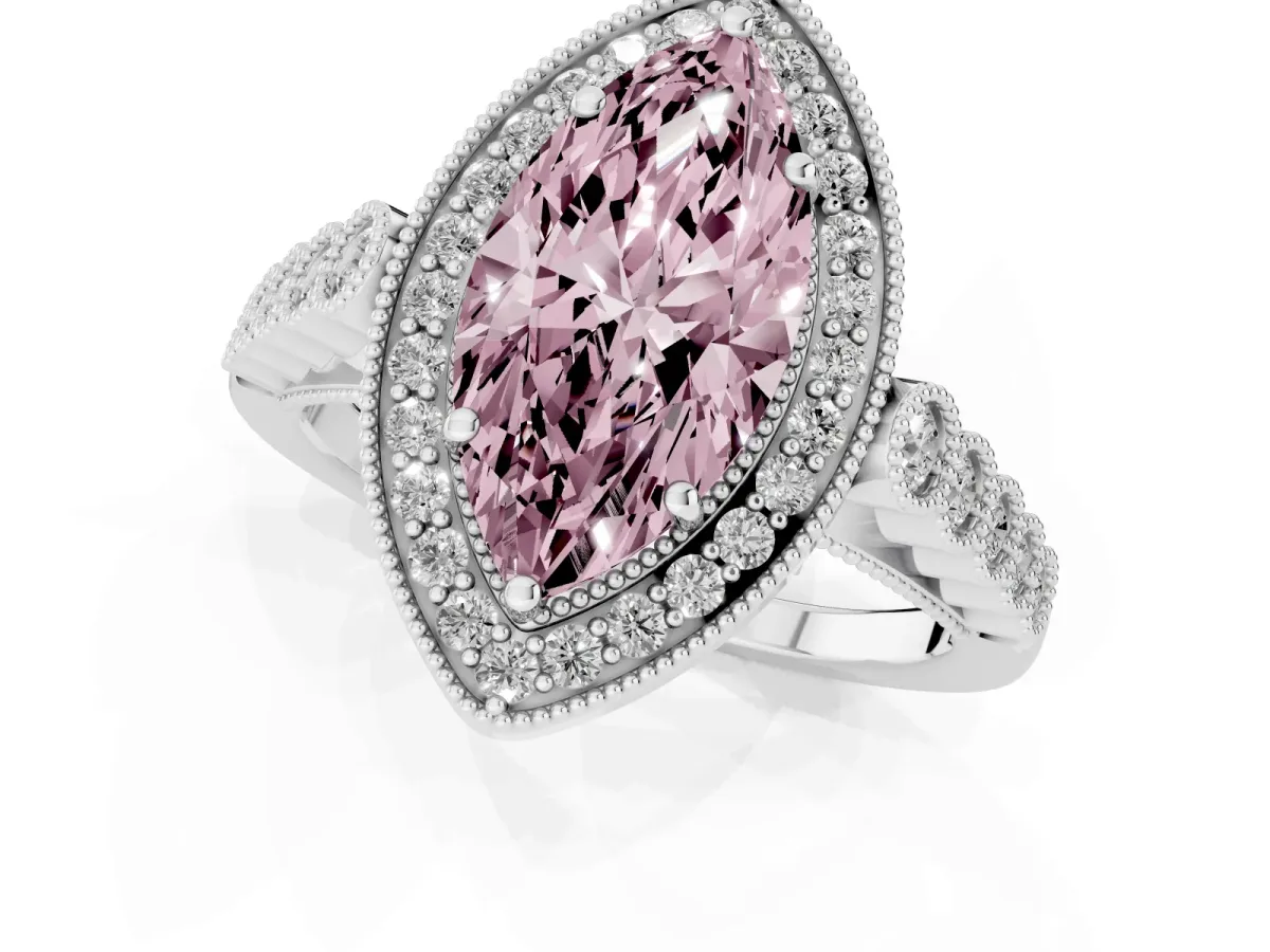 Fancy Pink Marquise Cut Halo Milgrain Solitaire with Bezel Set Side Stones and Pave Band White gold