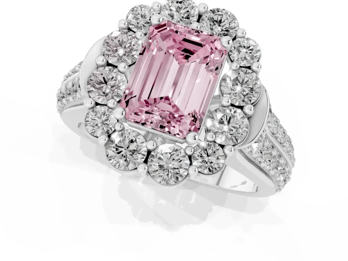 Fancy Pink Emerald Cut Halo Diamond Engagement Ring with Split Shank and Prong Setting Platinum