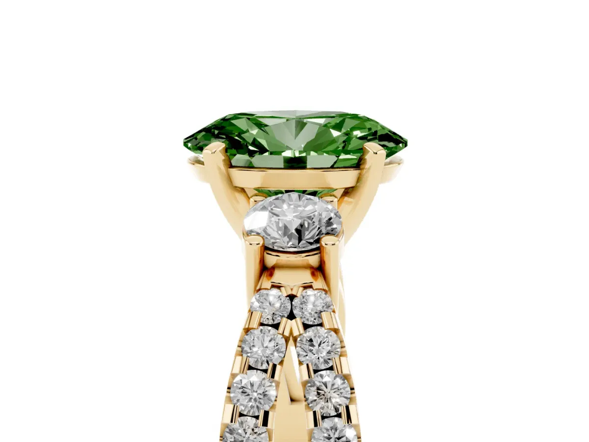 Fancy Green Oval Cut Diamond Three-Stone Ring with Pavé Split Shank and Four-Prong Setting Yellow gold