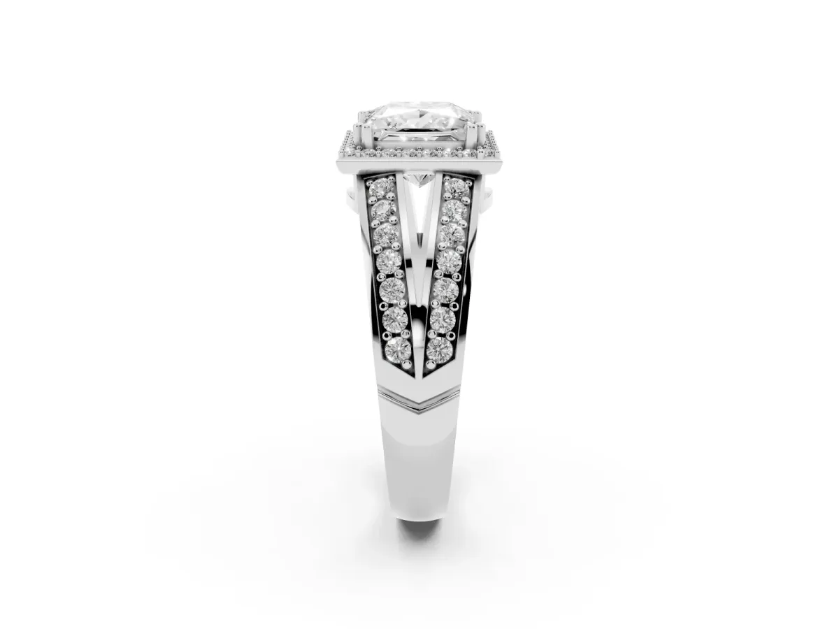 Princess Cut Diamond Halo Ring with Split Shank Pavé Band and Four-Prong Setting White gold