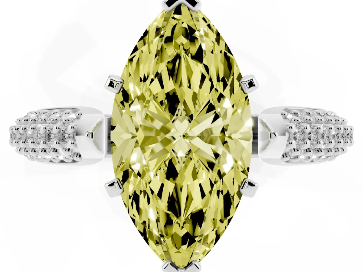 Fancy Yellow Marquise Cut Diamond Solitaire Engagement Ring with Multi-Row Round Pavé Band and Prong Setting Silver