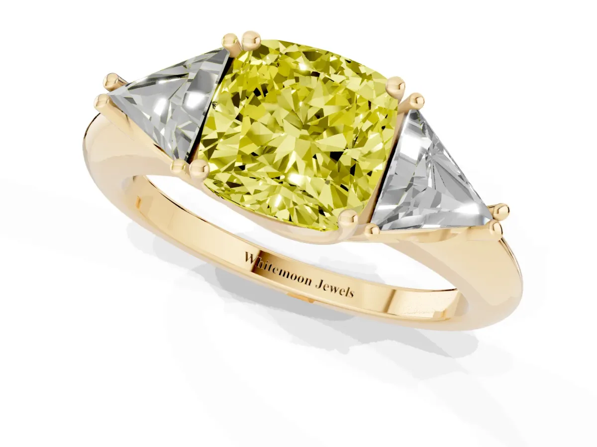Fancy Yellow Three-Stone Cushion Cut Diamond Engagement Ring with Trillion Side Stones and Prong Setting Yellow gold