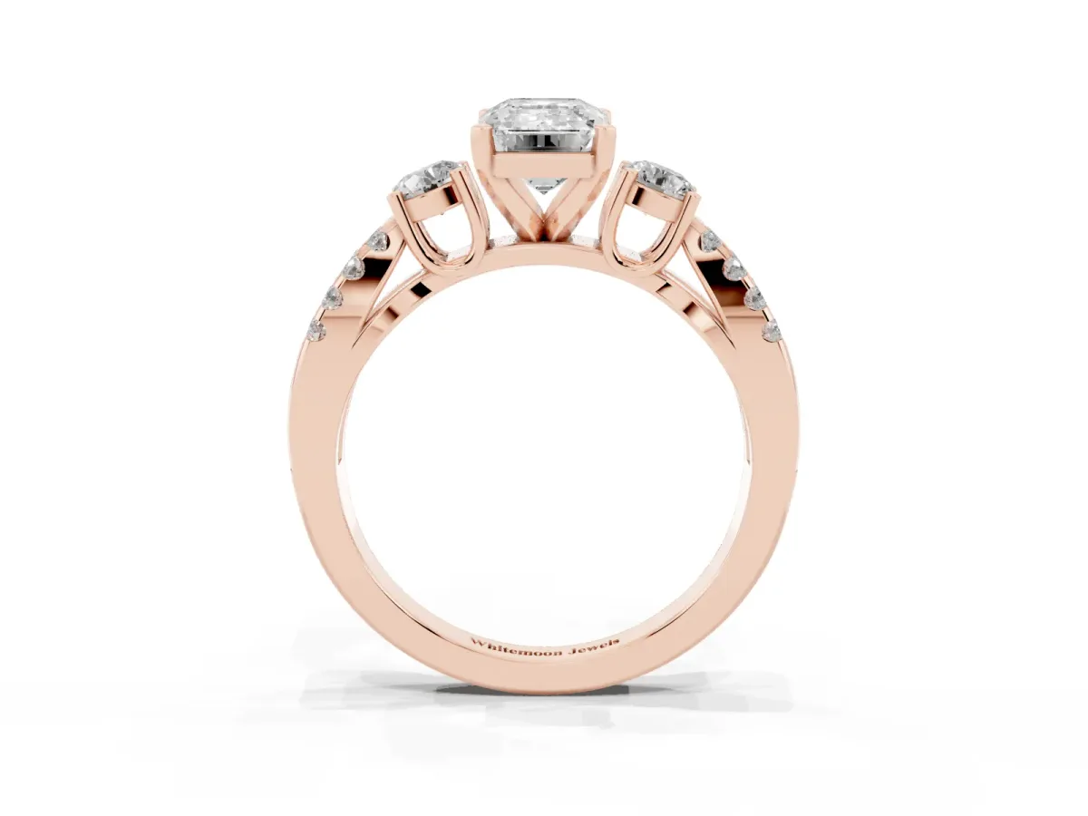 Emerald Cut Diamond Three-Stone Ring with Pavé Split Shank and Four-Prong Setting Rose gold