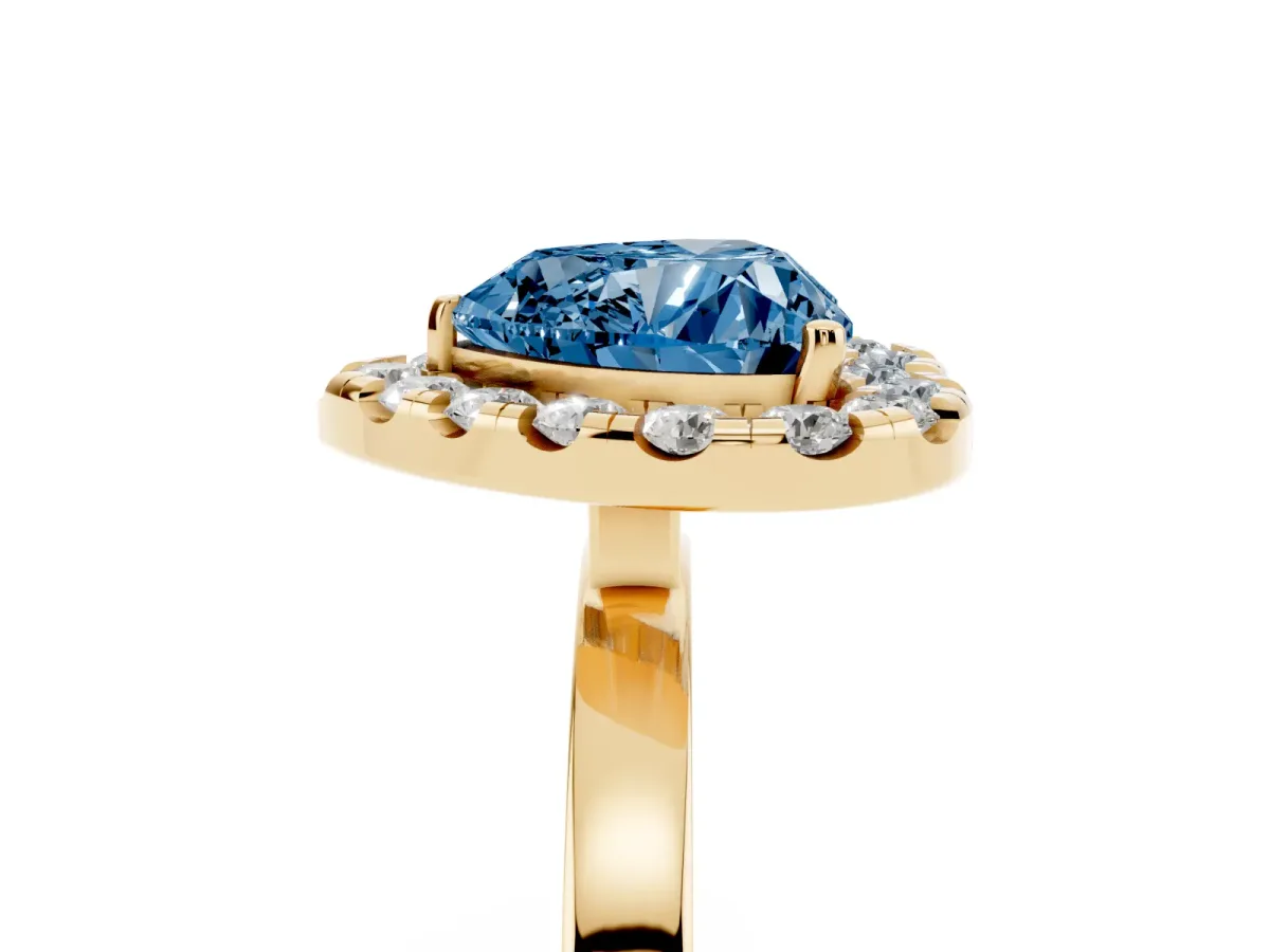 Fancy Blue Heart Cut Halo Diamond Solitaire with Pavé Band and Four-Prong Setting Yellow gold