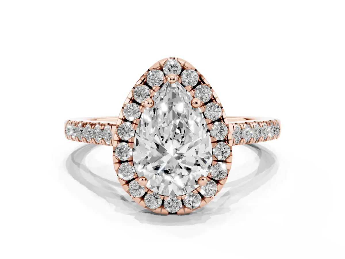 Pear Cut Halo Pavé Diamond Engagement Ring with Four-Prong Setting Rose gold