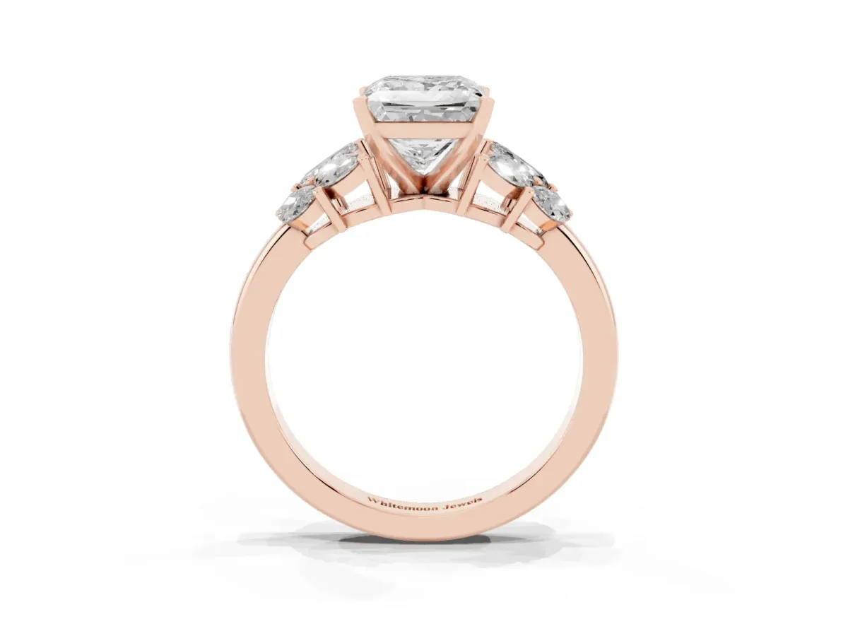 Princess Cut Diamond Cluster Leaf Design Ring with Prong Setting Rose gold