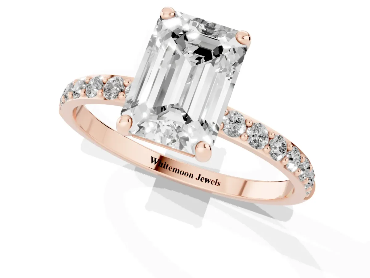 Emerald Cut Diamond Solitaire Ring with Round Pavé Band and Prong Setting Rose gold