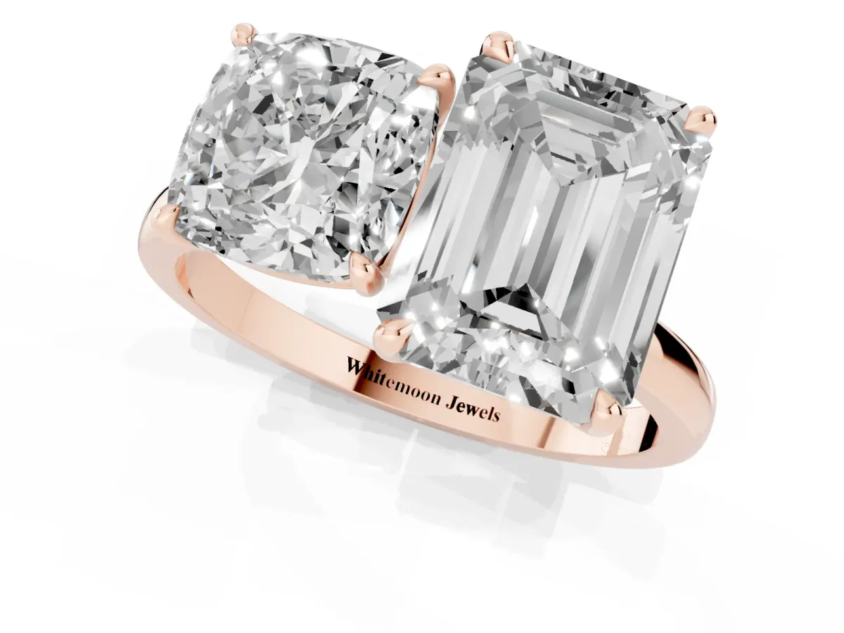 Cushion Cut and Emerald Cut Toi Moi Ring with Prong Setting Rose gold