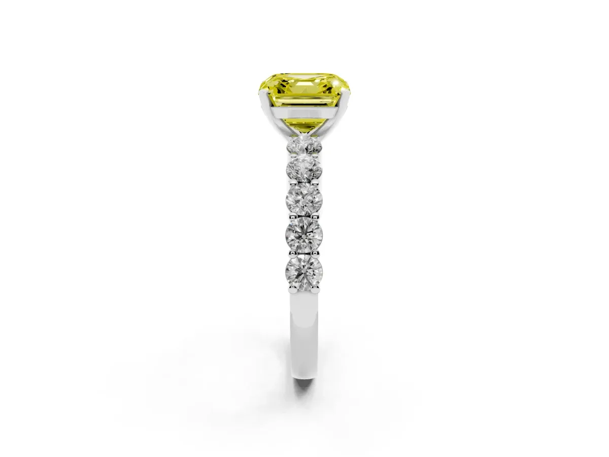 Fancy Yellow Asscher Cut Diamond Solitaire Ring with Shared Prong Round Side Stones White gold
