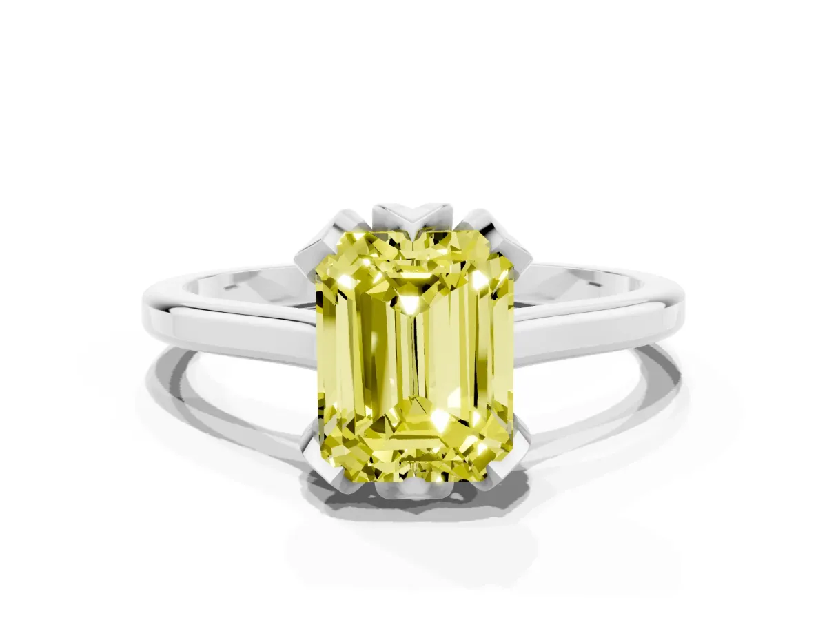 Fancy Yellow Emerald Cut Diamond Solitaire Ring with Flower Prong Setting and Classic Band Silver