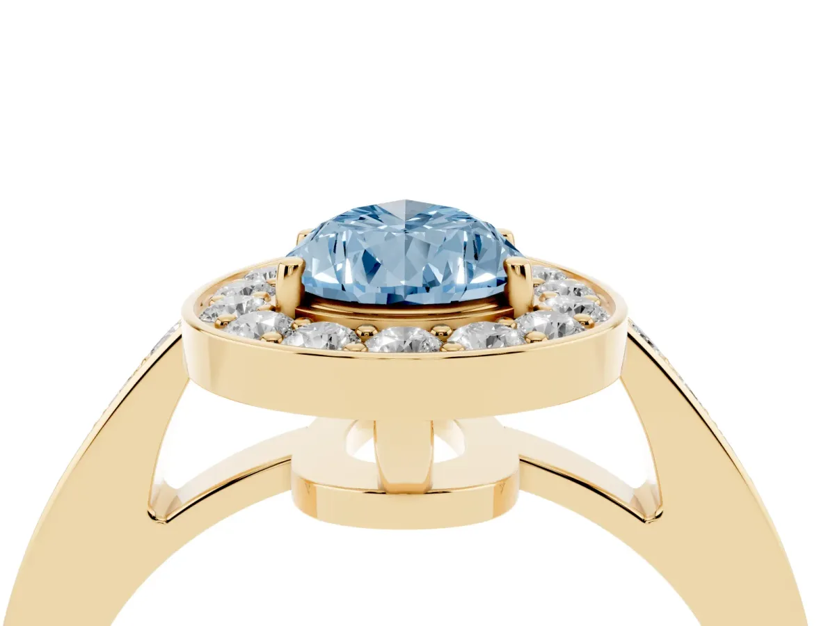 Fancy Blue Pear Cut Halo Pavé Diamond Engagement Ring with Bezel Setting Yellow gold