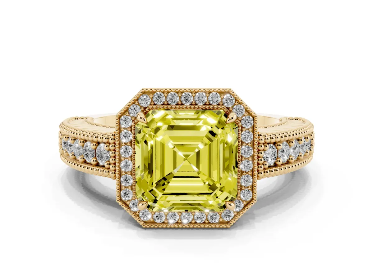 Fancy Yellow Asscher Cut Cut Halo Diamond Ring with Pavé Band and Four-Prong Setting Yellow gold