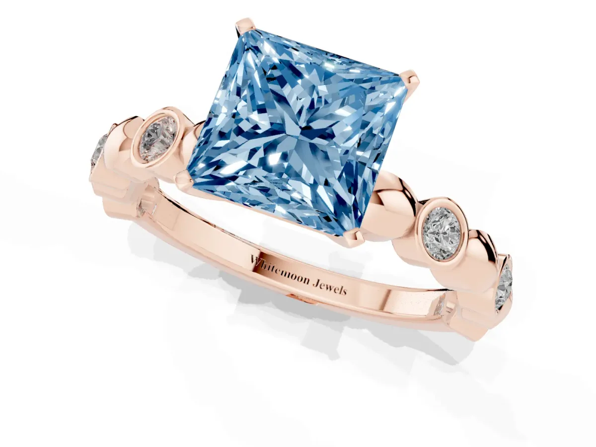 Fancy Blue Princess Cut Solitaire Bezel-Set Diamond Ring with Beaded Band and Four-Prong Setting Rose gold