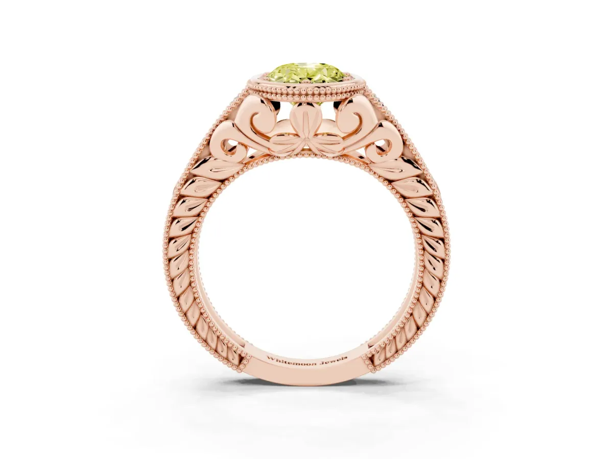 Fancy Yellow Bezel Set Oval Cut Diamond Milgrain Pave Engagement Ring Rose gold