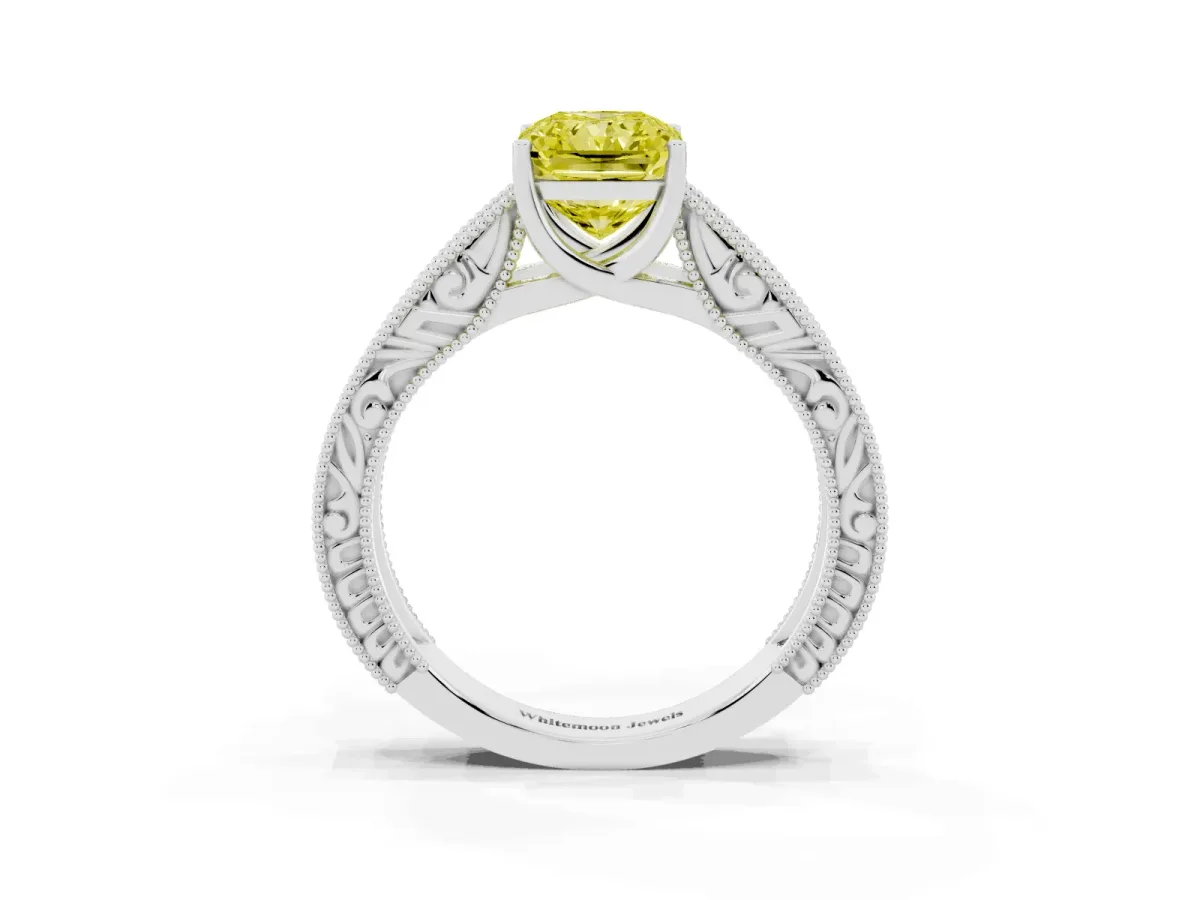 Fancy Yellow Radiant Cut Diamond Solitaire Ring with Engraved Band and Four-Prong Setting White gold