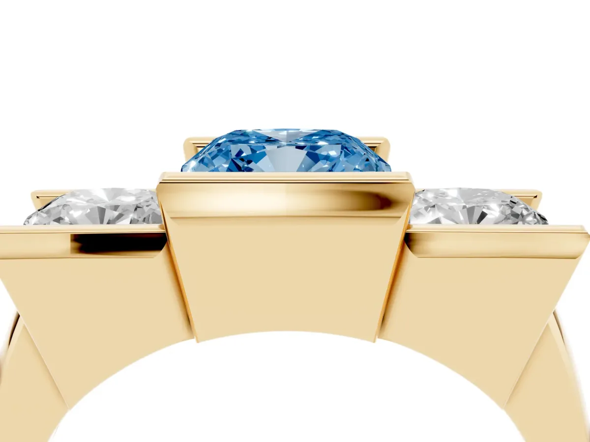Fancy Blue Three Stone Cushion Cut Cut Channel Set Diamond Ring Yellow gold