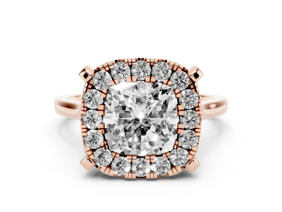 Cushion Cut Diamond Cluster Halo Solitaire with Four-Prong Setting Rose gold