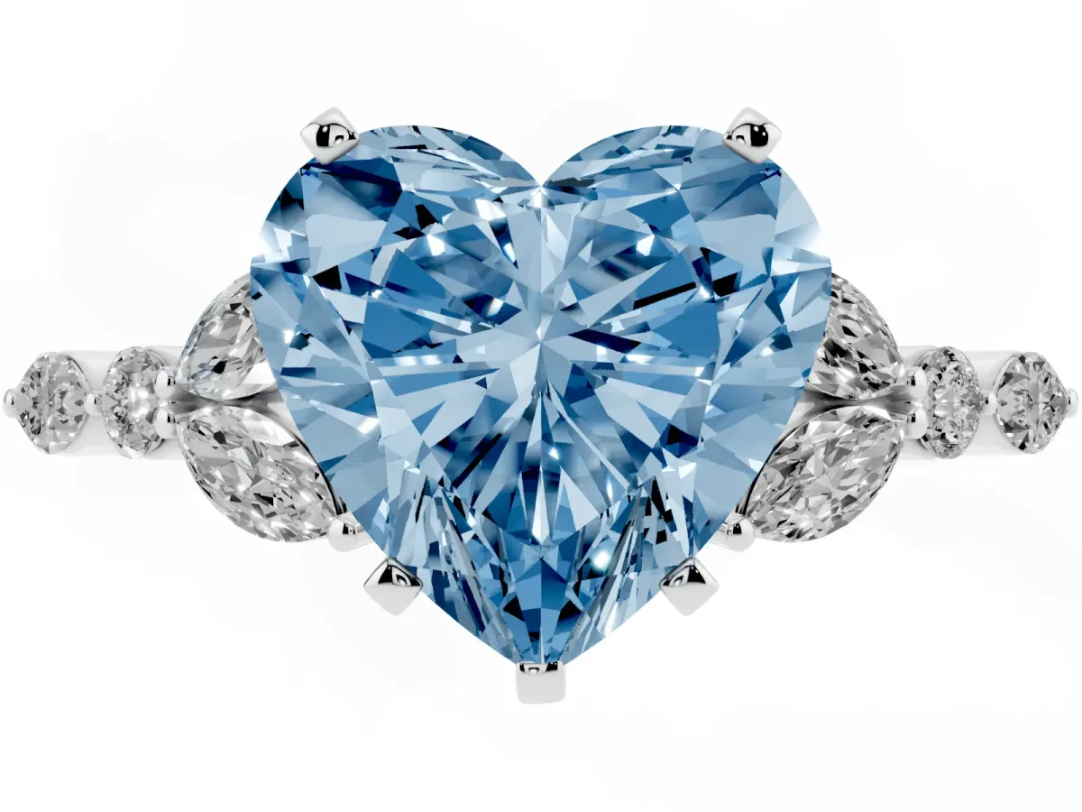 Fancy Blue Heart Cut Diamond Solitaire Ring with Side Stones and Four-Prong Setting Platinum