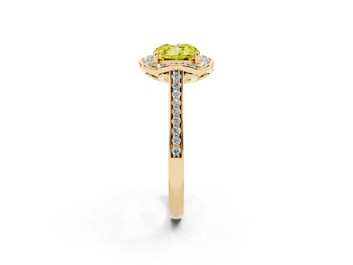 Fancy Yellow Cushion Cut Halo Round Diamond Pave Band with Four-Prong Setting Yellow gold