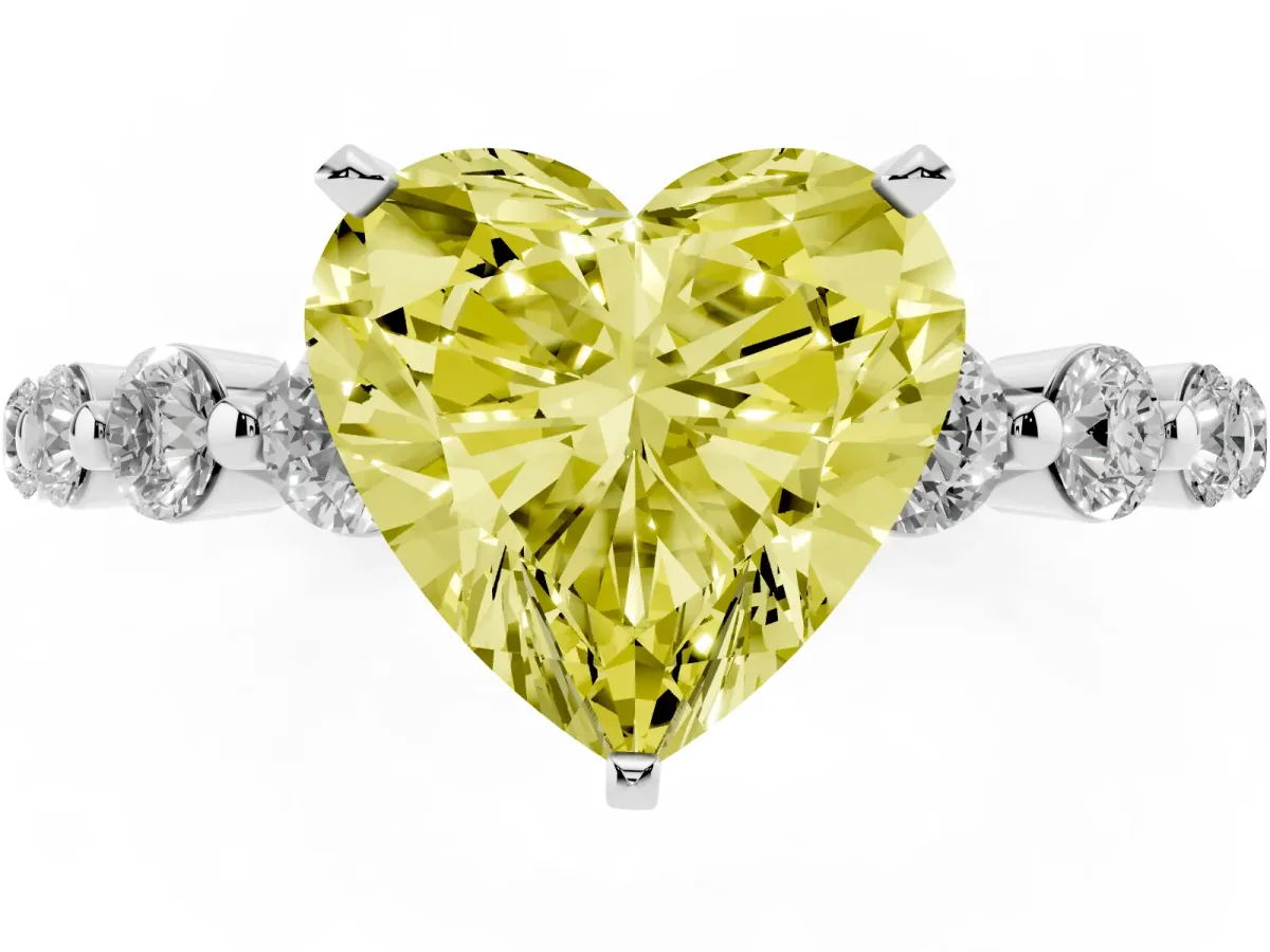 Fancy Yellow Heart Cut Solitaire Diamond Ring with Pave Band and Four-Prong Setting Silver