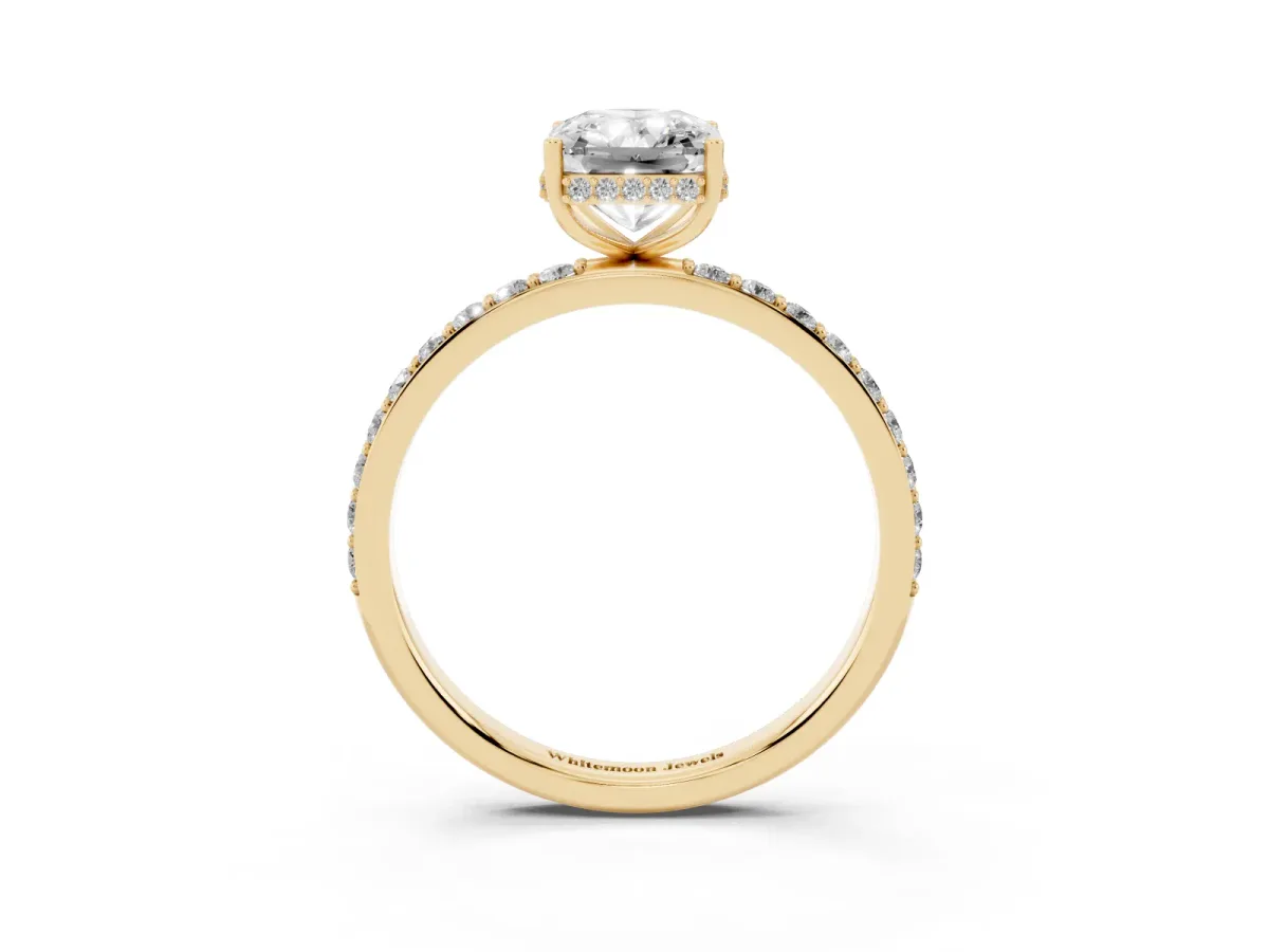 Radiant Cut Diamond Solitaire Ring with Pavé Band and Hidden Halo Yellow gold