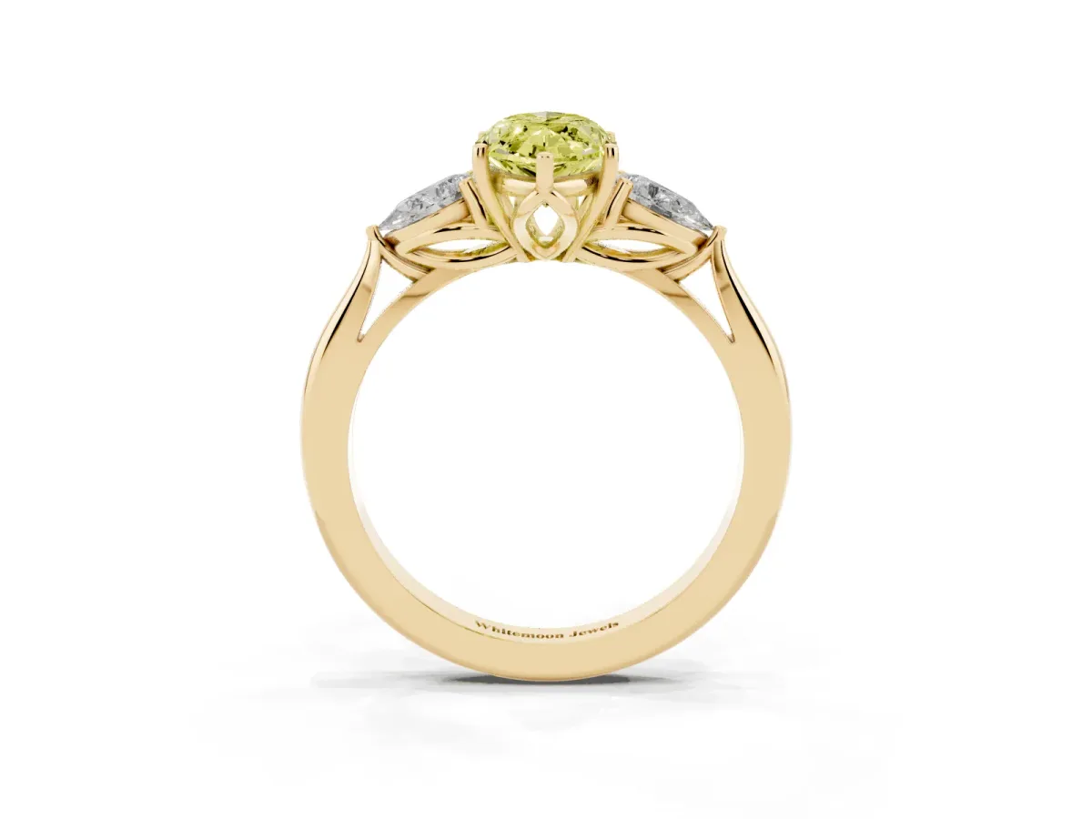 Fancy Yellow Three-Stone Marquise Cut Brilliant Diamond Solitaire Ring with Tapered Band and Four-Prong Setting Yellow gold