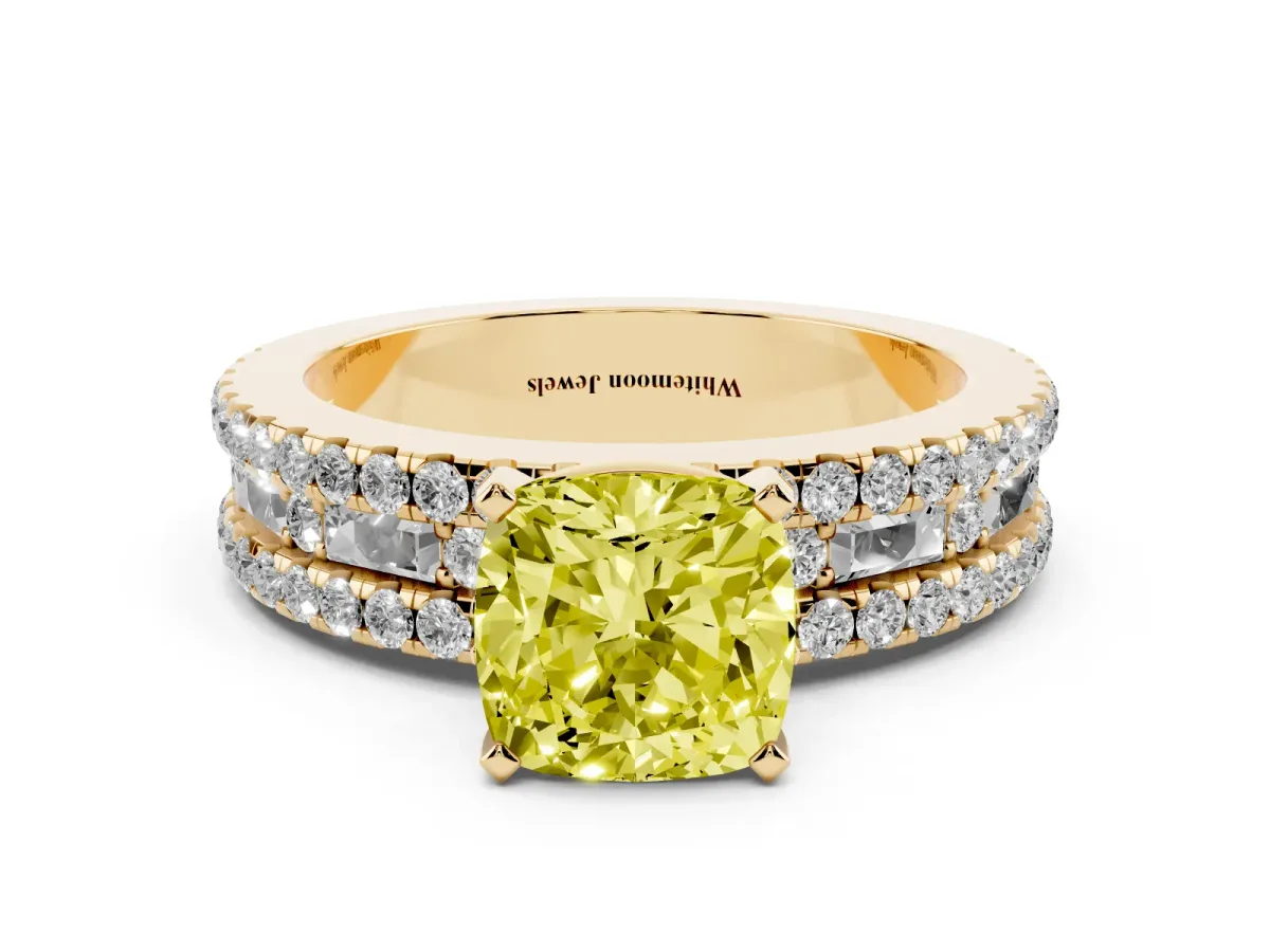 Fancy Yellow Cushion Cut Diamond Solitaire Ring with Pavé and Channel Set Band Yellow gold