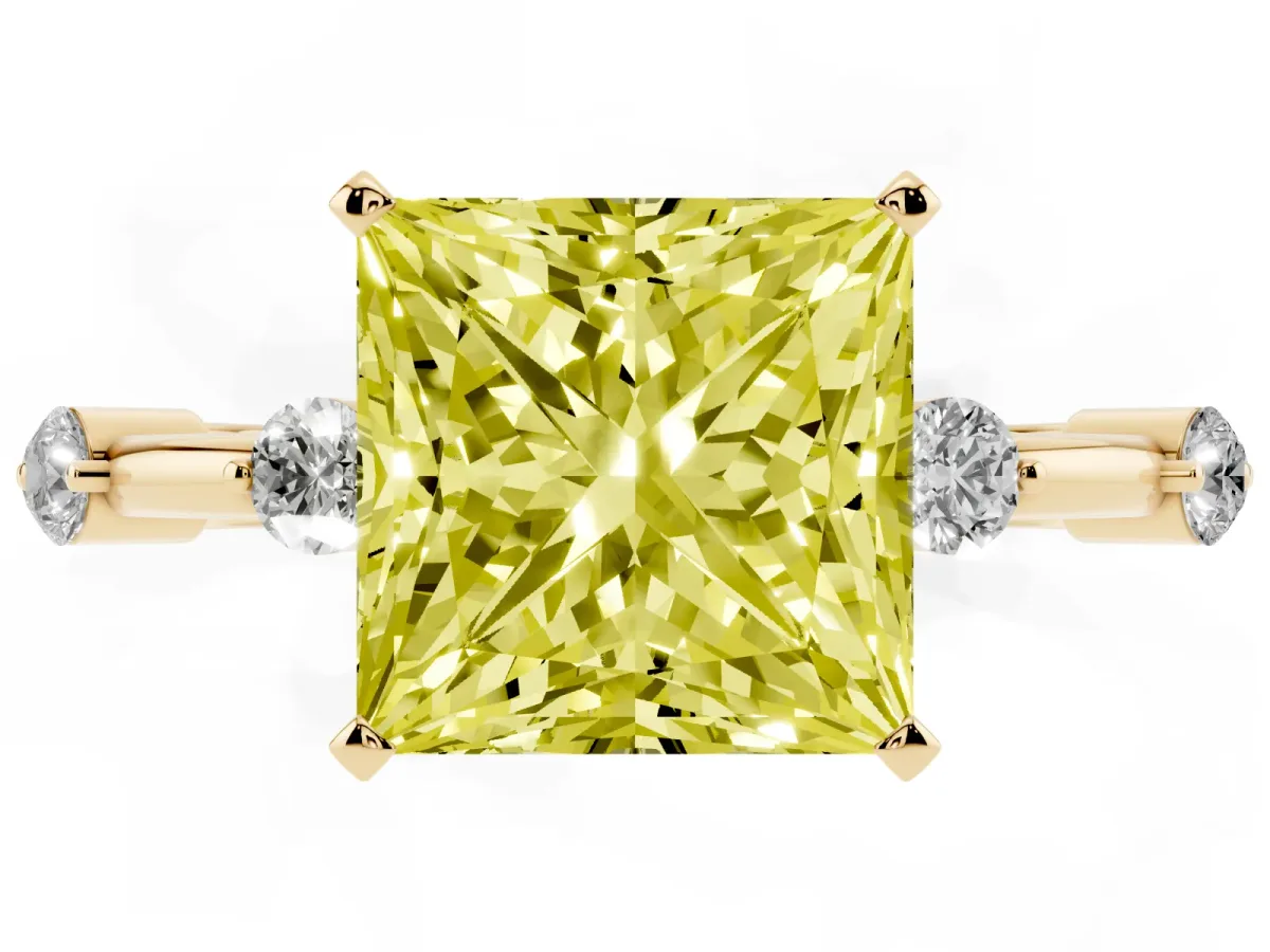 Fancy Yellow Princess Cut Solitaire Diamond Ring with Bezel Set Side Stones and Prong Setting Yellow gold