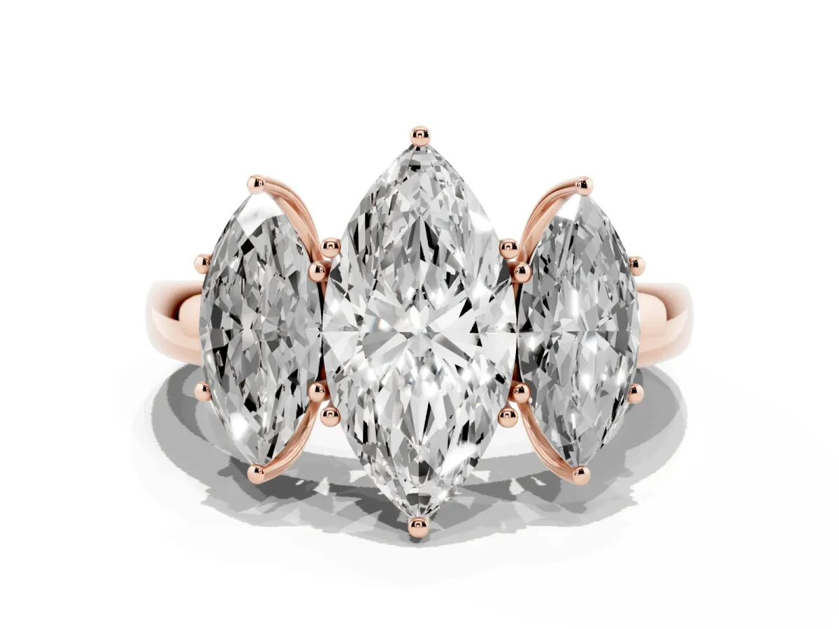 Marquise Cut Diamond Three-Stone Ring with Four-Prong Setting and Classic Band Rose gold