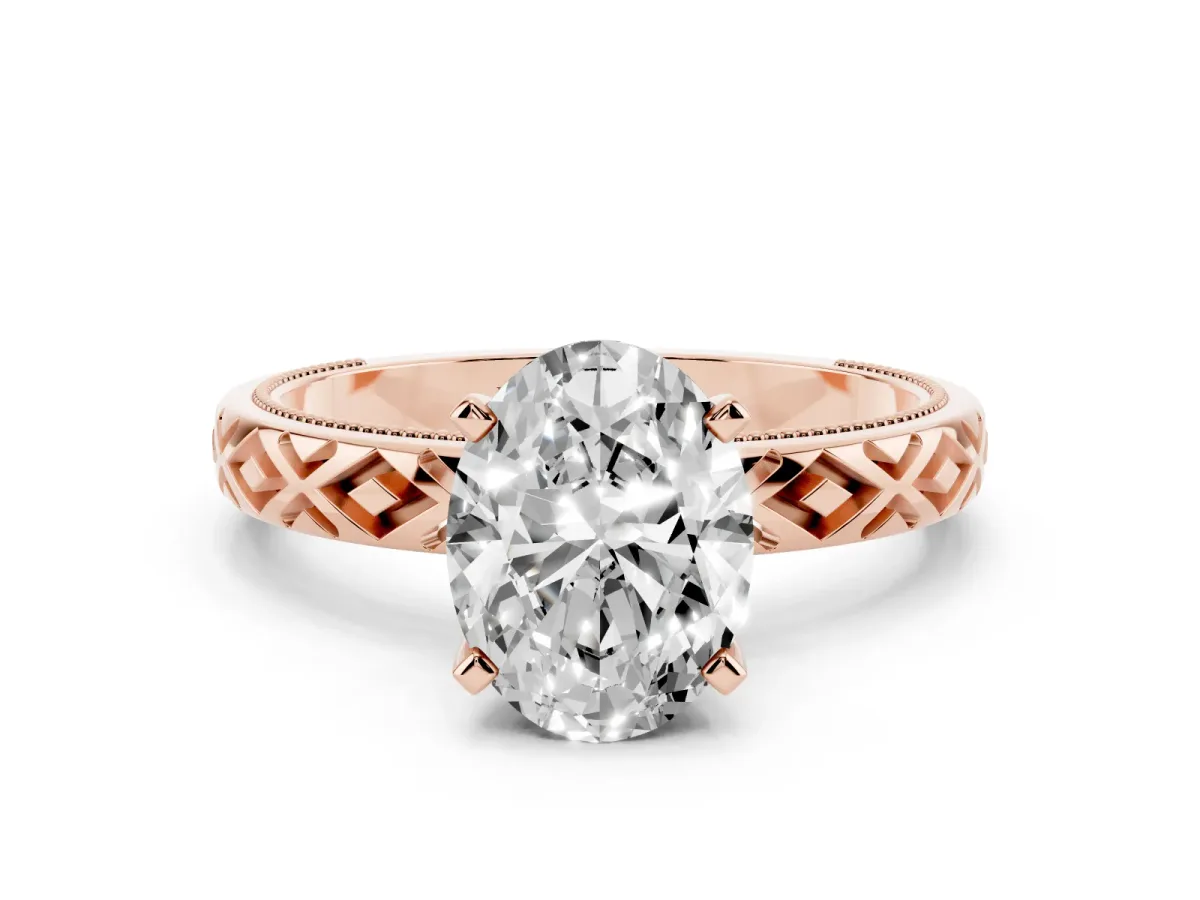Oval Cut Solitaire Diamond Ring with Milgrain and Black Enamel X Pattern Band Rose gold